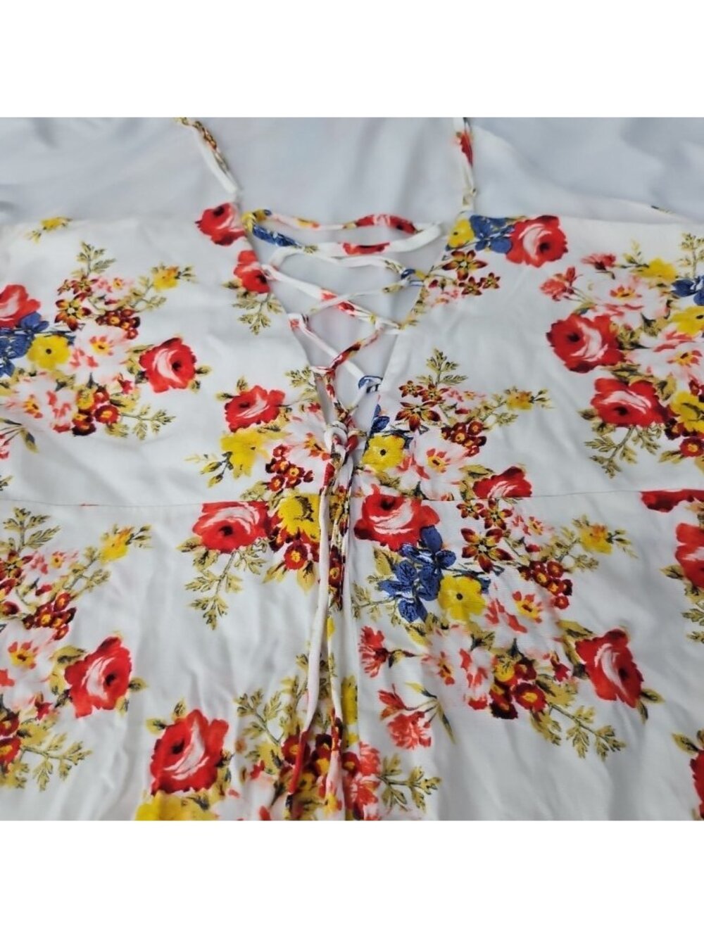 Iris Floral Fit & Flare Sundress Womens L Lace Up Back Cottagecore Boho Mini Dre - Picture 14 of 16